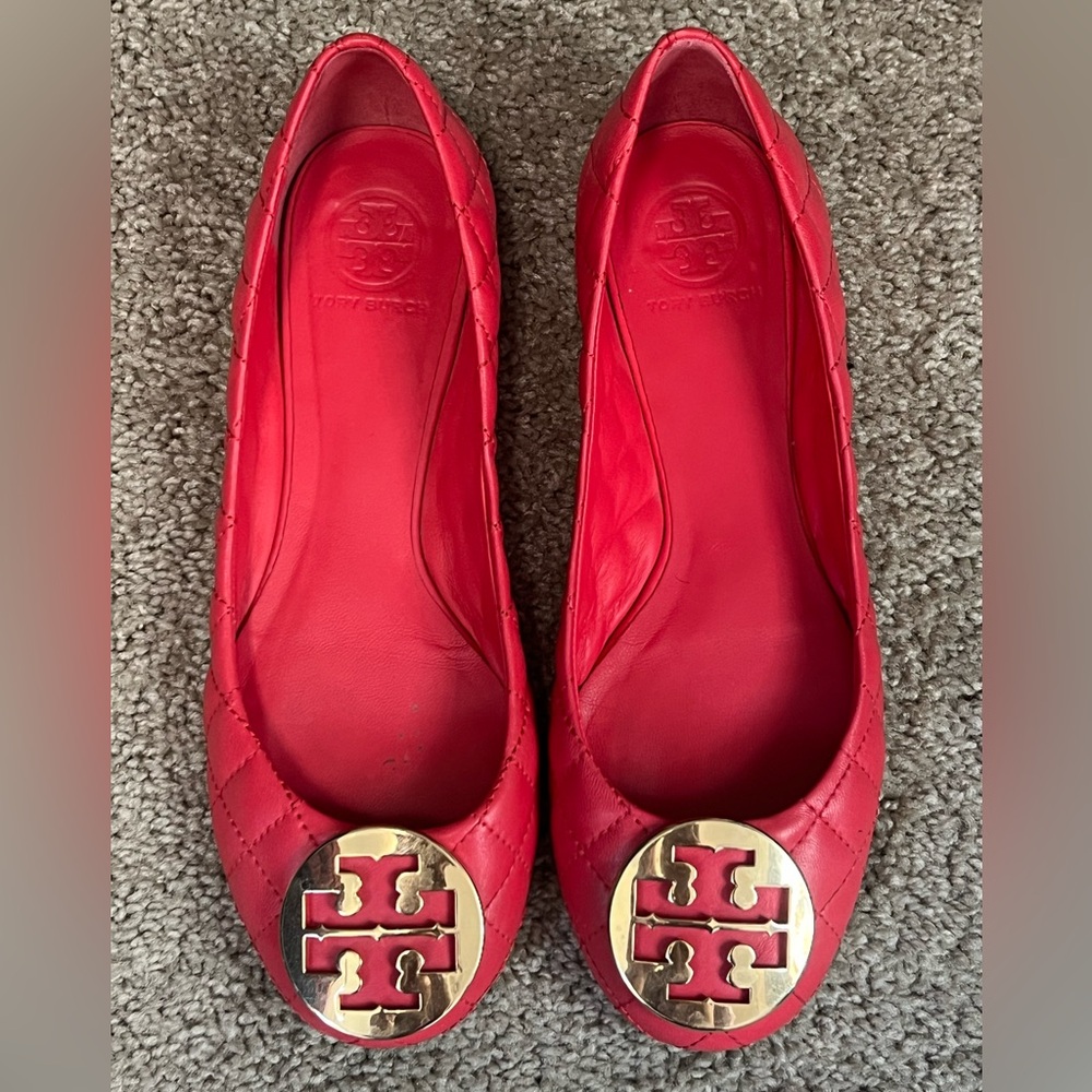 Tory Burch Red Quilted Flats with Gold Logo